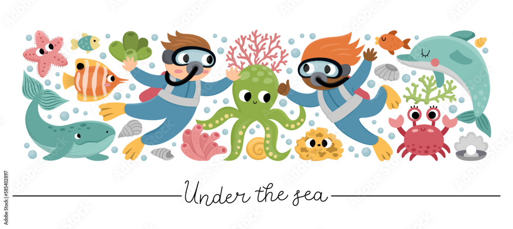 Vector horizontal under the sea border set with fish, divers. Ocean card template design with farm characters. Cute water animals border with dolphin, whale, octopus, star, crab. Vector horizontal under the sea border set with fish, divers. Ocean card template design with farm characters. Cute water animals border with dolphin, whale, octopus, star, crab.