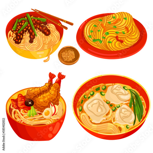 Chinese food set menu isolated on white background illustration vector. (Spring Rolls, Dim Sum, Wonton, Chow Mein, Sweet and Sour Chicken, Peking Duck).