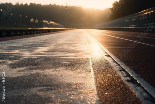 a race track closeup pavement early in the morning sunrise. generative ai 