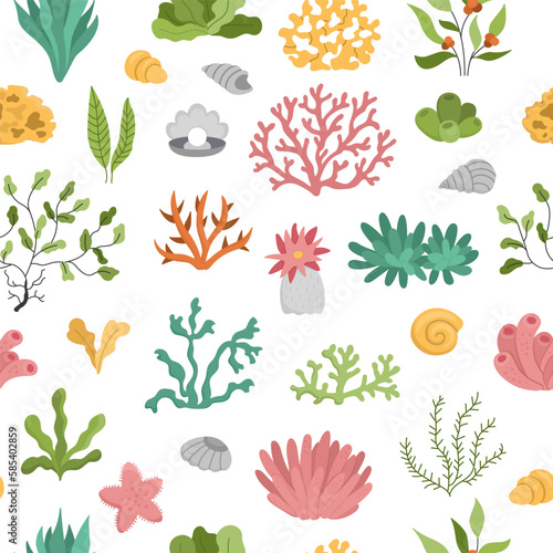 Vector seamless pattern with seaweeds. Under the sea repeat background with cute corals, actinia, luminaria, star, phyllophora, seashells, pearl. Ocean life or water weeds digital paper.