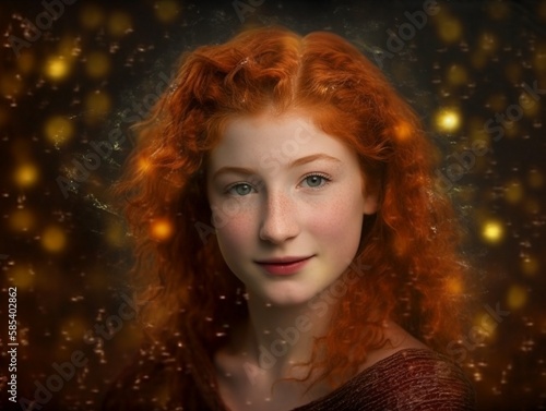 Portrait of a beautiful autistic or hypersensitive girl with long red hair, freckles and nice green eyes, a person with autism, invisible handicap looking normal but different, made with AI Generative