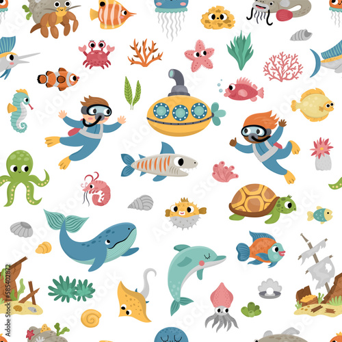 Vector under the sea seamless pattern. Repeat background with cute fish, seaweeds, divers, submarine. Ocean life digital paper. Funny water animals and weeds illustration with dolphin, whale.