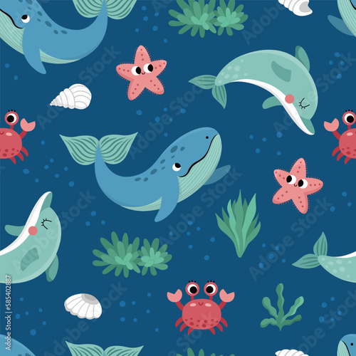 Vector under the sea seamless pattern. Repeat background with dolphin, whale, star, crab, seaweeds. Ocean life digital paper. Funny water animals and weeds illustration with cute fish.