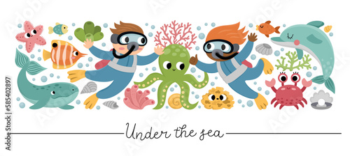 Vector horizontal under the sea border set with fish, divers. Ocean card template design with farm characters. Cute water animals border with dolphin, whale, octopus, star, crab.