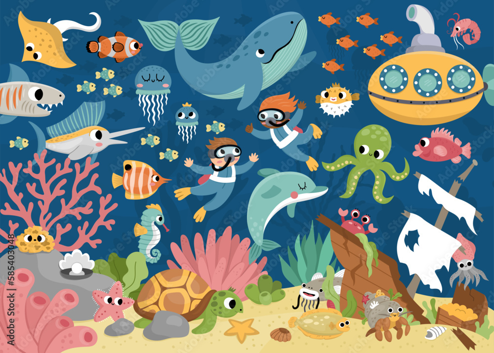 Vector under the sea landscape illustration. Ocean life scene with ...