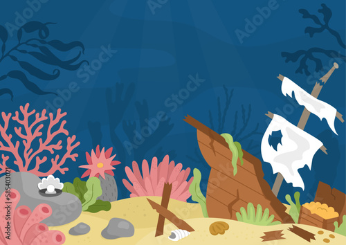 Vector under the sea landscape illustration with wrecked ship. Ocean life scene with sand, seaweeds, stones, corals, reefs. Cute horizontal water nature background. Aquatic picture for kids.