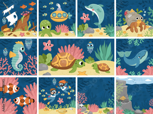 Vector under the sea square landscapes set. Ocean life scenes collection with seaweeds  corals  reefs. Cute water nature backgrounds. Aquatic illustrations for kids with shipwreck  divers  animals.