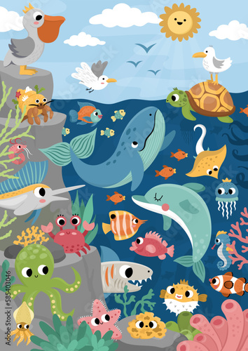 Fototapeta Naklejka Na Ścianę i Meble -  Vector under the sea landscape illustration with rock slope. Ocean life scene with animals, dolphin, whale, shark, seagull, pelican, sun. Cute vertical water nature background for kids.