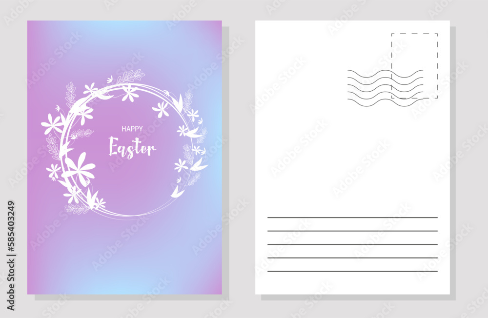 The layout of the Easter greeting card invitation flyers. A frame of flowers with text. The concept of the holiday. Vector flat illustration.