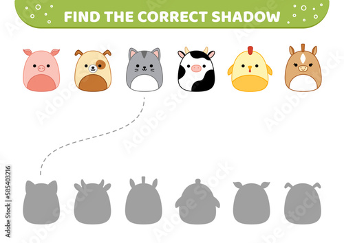 Farm animals. Squishmallow. Find the correct shadow. Shadow matching game. Cartoon, vector
