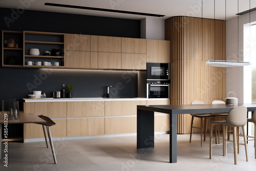 Modern style wooden kitchen, modern minimalist interior
