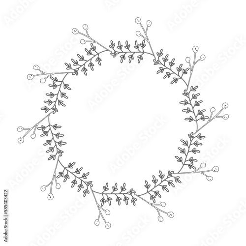 Template frame of spring flowers line art on a white background. Round. Floral design for wedding invitation, banner, poster.