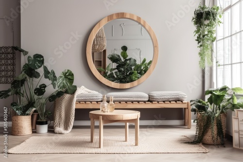 Scandinavian or Boho living room decor. A spherical mirror on a wooden bench with green flowers. Décor. Generative AI