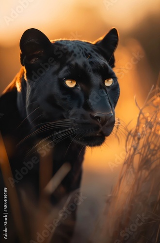 Portrait of a beautiful black panther under sunlight. Generative AI.