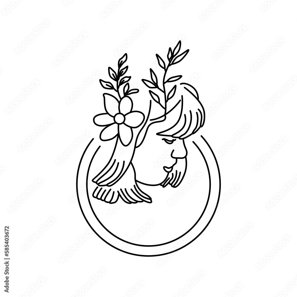 Naklejka premium Simple line art deco female decorated by leaves vector illustration. Beauty woman elegant hand drawn spring floral black icon isolated on white