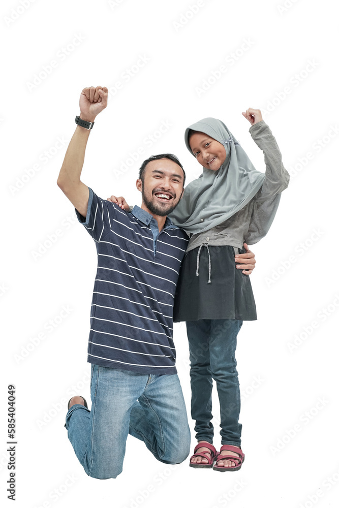happy excited young father with her daughter smiling to camera happy excited young father with her daughter smiling to camera