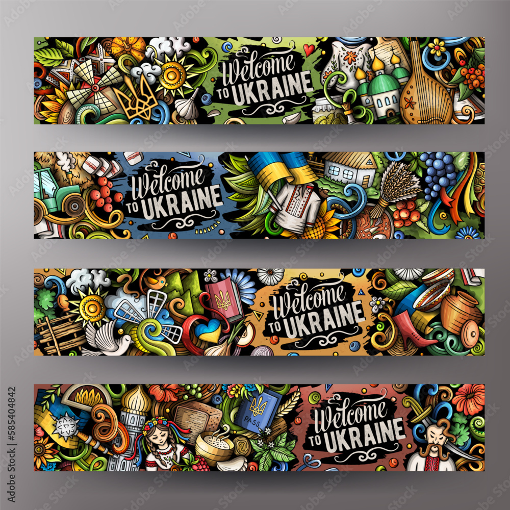 Vector illustration with horizontal banners with Ukraine theme doodles. Templates vibrant and eye-catching, they capture the essence of Ukrainian culture and traditions through playful cartoon symbols