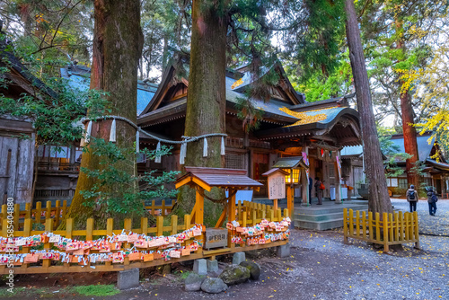 Miyazaki, Japan - Nov 24 2022: Takachiho Shrine founded over 1,900 year, Ninigi no Mikoto, the grandchild of Amaterasu Omikami. It's widely worshipped for its deity of marriage and purification photo