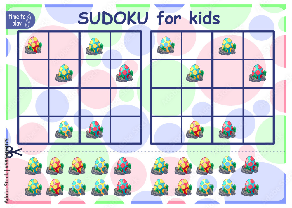 Solve the sudoku puzzle. Logic puzzle for kids. Education game for children. Worksheet vector design for schoolers. egg. dinosaur Solve the sudoku puzzle. Logic puzzle for kids. Education game for children. Worksheet vector design for schoolers. egg. dinosaur