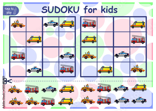 Solve the sudoku puzzle. Logic puzzle for kids. Education game for children. Worksheet vector design for schoolers. car
