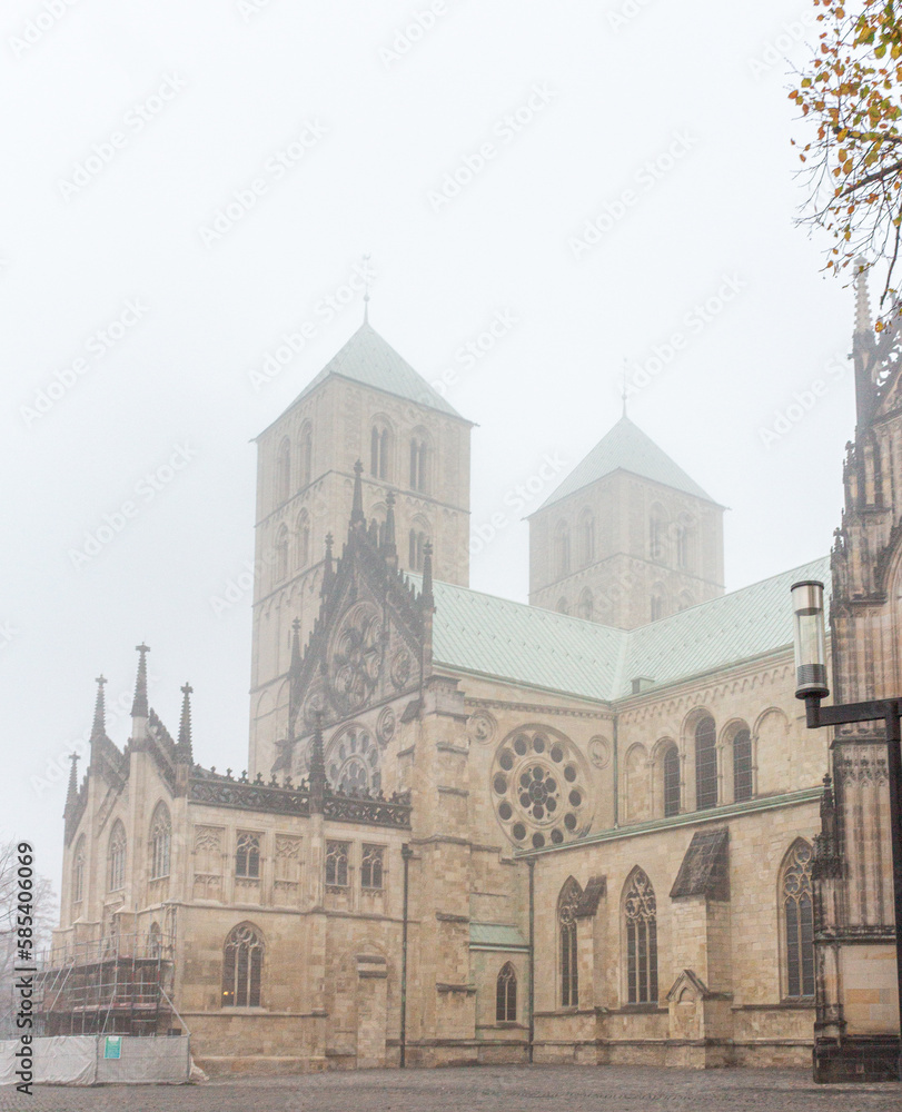 Fototapeta premium Münsteraner St. Paulus Dom im Nebel, Münster, Münsterland, Westfalen, NRW, Westdeutschland, Deutschland, Mitteleuropa, Europa