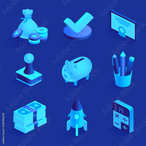 Finance payments business banking Detailed realistic isometric icons 3d vector illustrations money bag coins check certificate stamp piggy bank office rocket startup calculator Isolated on blue