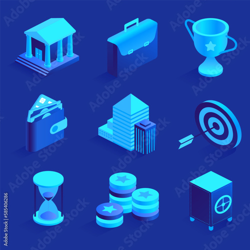 Business banking and finance High detailed realistic isometric icons 3d vector illustrations Bank suitcase cup wallet headquarter goal hourglass coins money safe symbols Isolated on blue background