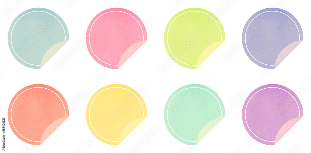 Mockup realistic pastel colored paper round stickers with curved corner. Round sticker on a transparent background. Extracted, png file, isolated