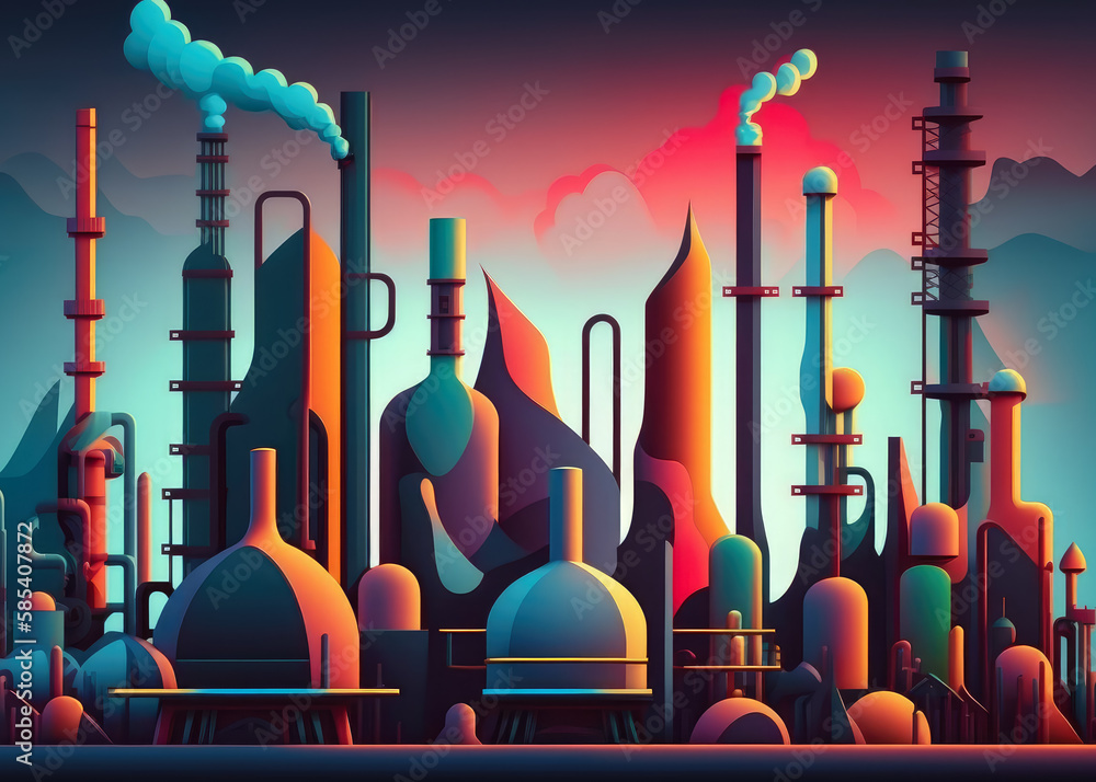 Distillation Towers of a Petrochemical Refinery against a Colorful Industrial Landscape, generative ai