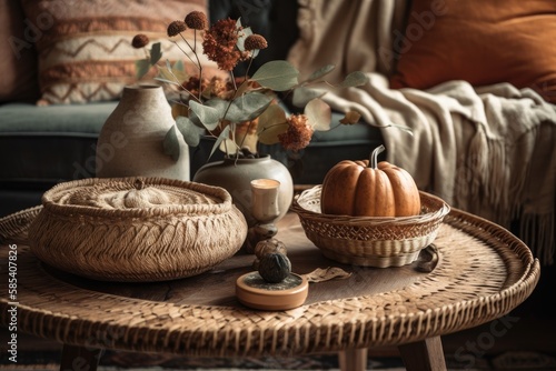 Vintage living room closeup. Sofa, autumn themed rattan table. acorn and dried leaf vase. Boho chic, autumn decor,. Generative AI