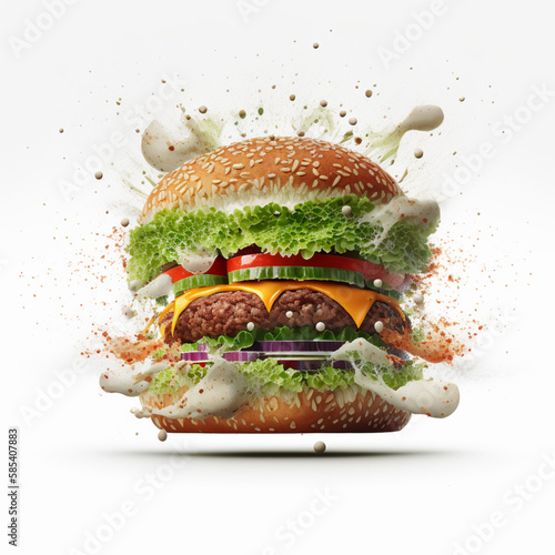 Amazing homemade beef burger with juicy meat and vegetables on a white background generative ai