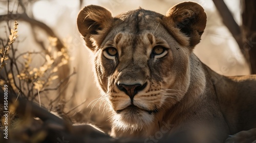 Close up of a lion resting under a tree in the savannah