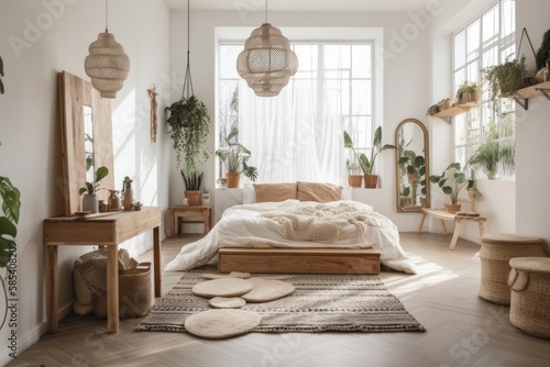 White bedroom with cabinet, plants, and wooden headboard. Real picture. Generative AI