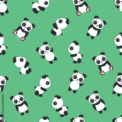 Fototapeta Naklejka Na Ścianę i Meble -  Seamless cute cartoon panda on a green background.