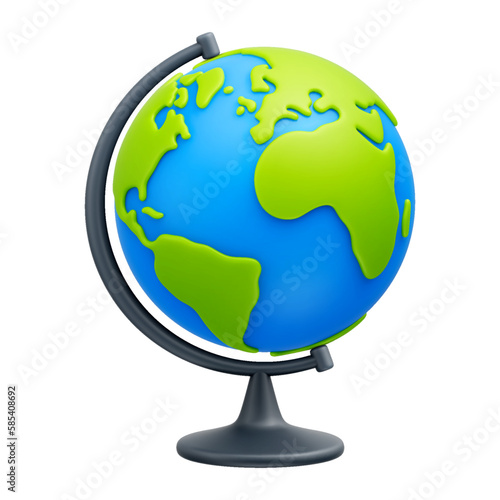Cartoon world globe with stand 3d vector icon on white background. Globe of planet Earth for concept of kids learning or world traveling