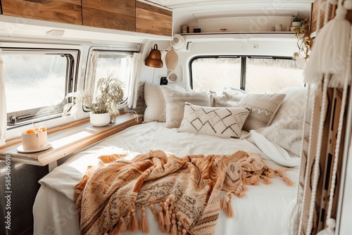 Motorhome bedroom. Pillows, blanket, tray, and bed. Lightbulb decorated boho camper vehicle with white furnishings. Generative AI