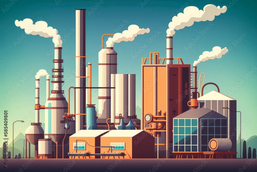 © aicandy - illustration of a modern plastics manufacturing plant with tall industrial structures and smokestacks against a blue sky, generative ai