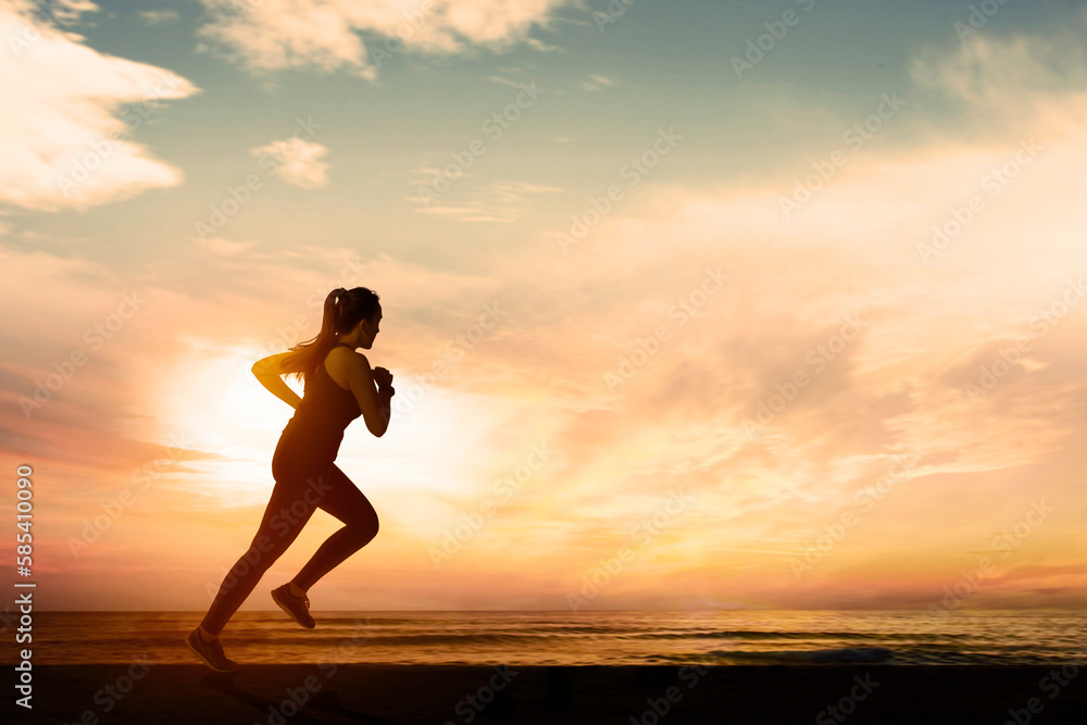 Woman Running on the Beach at Sunset or sunset