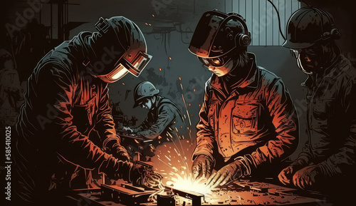 Industrial Metal Fabrication Workshop with Skilled Welders at Work, generative ai