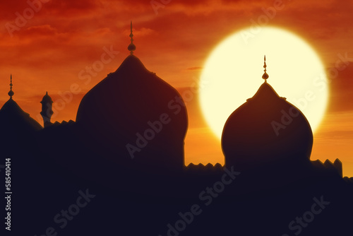 Silhouette of a mosque during sunrise or sunset in Indonesia