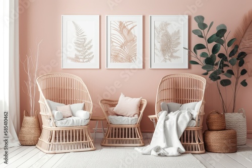 Three white frames on bright backdrop with rattan crib and chair in newborn bedroom mockup. Scandinavian nursery,. Generative AI
