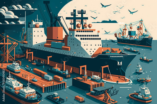 Minimalistic illustration of a Modern Dockyard with Contemporary Ships, generative ai