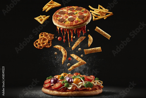 Levitation unhealthy and junk food splash, Assortment of take out and fast foods on black background, carbohydrates food, high-fat, high-calorie, guilty pleasure, AI Generative.