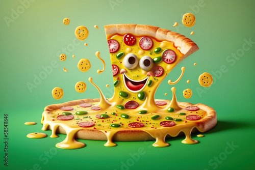 Levitation cartoon smiling, crazy pizza piece food splash, take out and fast food characters, carbohydrates food, high-fat, high-calorie, guilty pleasure, AI Generative.
