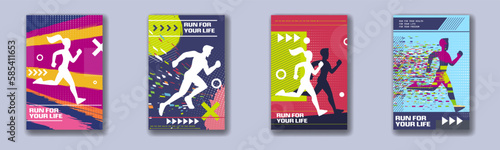 Run marathon posters. Silhouette logo. Sport runner fest. Athlete festival banners set. Fast gym or jogging man. Abstract shapes. Sprinters competition. illustration concept