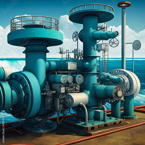 Pipeline with valves and pumps in a coastal setting, generative ai