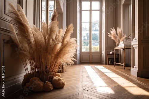 dried pampas grass décor throughout the room's beige walls and parquet floor. Generative AI