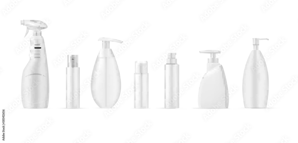 Cosmetic bottles empty clean white plastic container pump tube set realistic vector illustration Cosmetic bottles empty clean white plastic container pump tube set realistic vector illustration