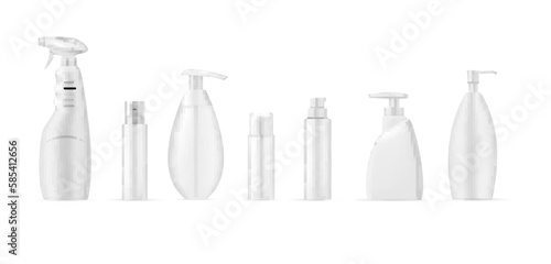 Cosmetic bottles empty clean white plastic container pump tube set realistic vector illustration