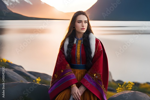 Portrait of a beautiful young happy scandinavian woman in the national dress of the lappar (Saami) in Norwegian fjords. Travel concept. Generative AI